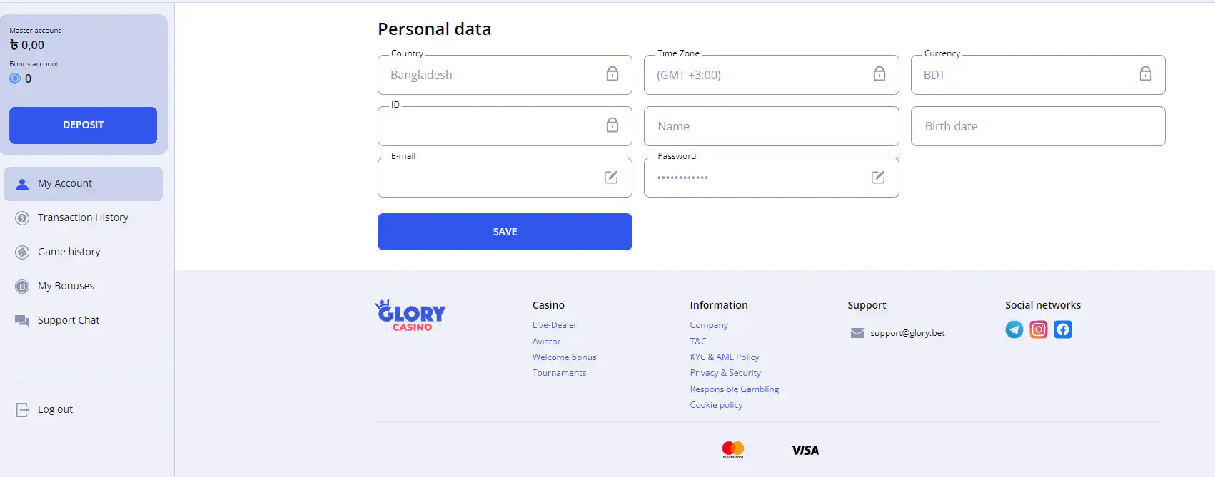 Glory Casino profile login for account management